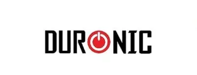 Logo marca duronic en la cual tiene un fondo blanco y justo en la O de duronic es de color rojo y el resto es de color blanco
