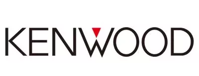 Marca Kenwood con letras de color negro y con un triangulo invertido de color rojo