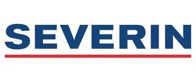 Logo marca severin con el fondo de color blanco y con las palabras de color blanca subrayada con color rojo